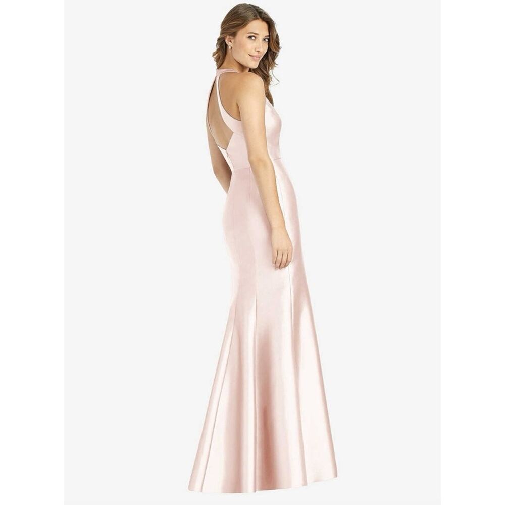 Alfred Sung V-Neck Halter Satin Trumpet Gown in Blush Pink Women's Size 16 $244 - Picture 3 of 8
